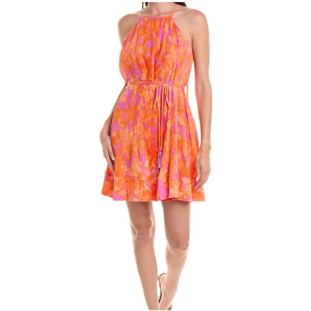 NWT Taylor Vibrant Orange and Pink Pleated Halter Dress